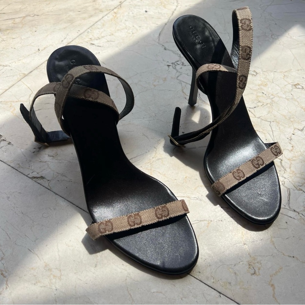 Vintage Gucci 90s strappy heels with suede buckle